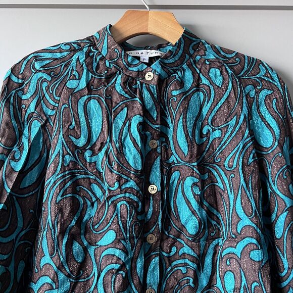 Trina Turk Shirt Womens Petite Brown Teal Silk Jacquard Button Blouse 3/4 Sleeve - Picture 3 of 12